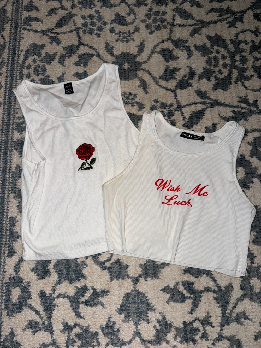 SHEIN White Ribbed Tank Tops with Red Rose & Red Script